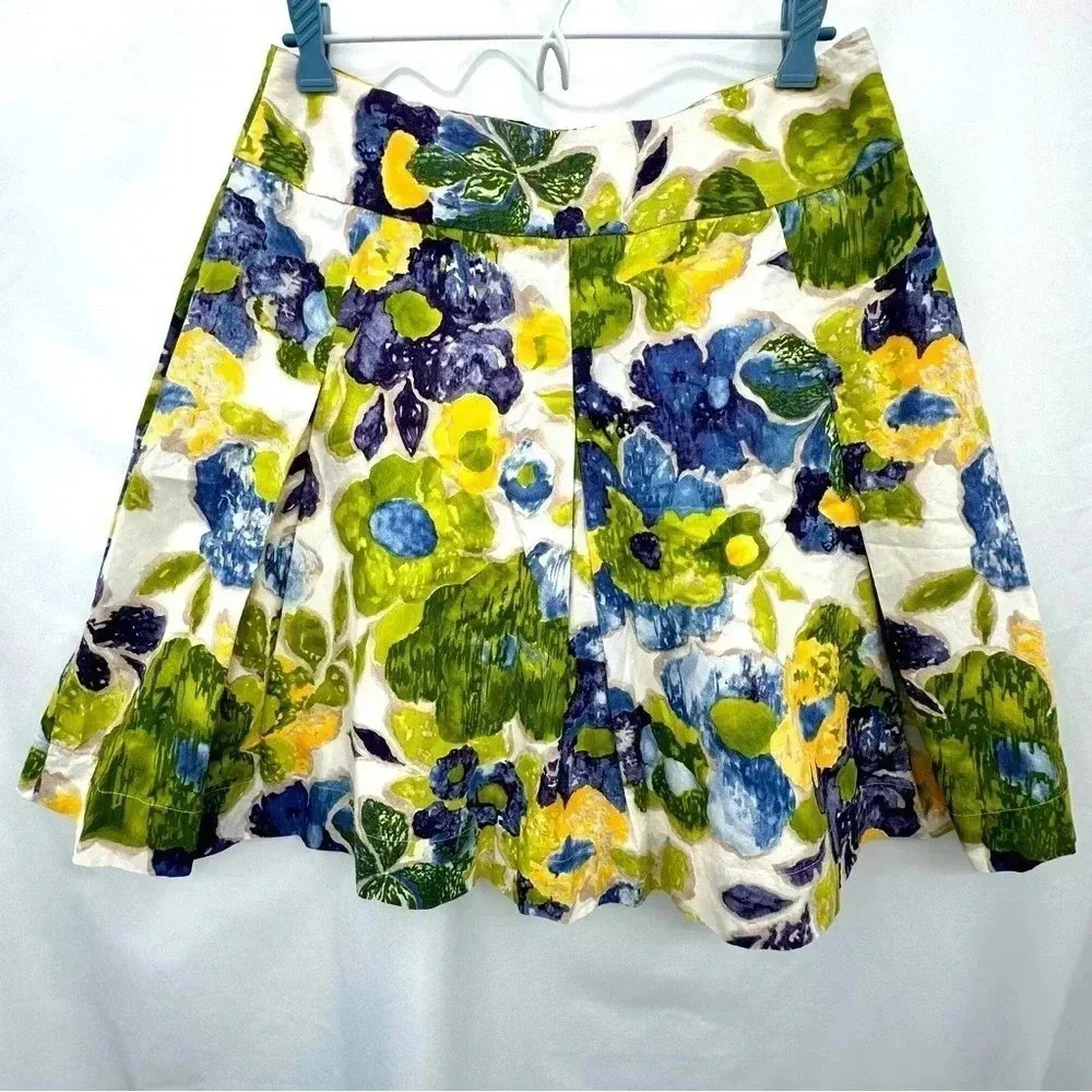 Talbots Petites Floral A-Line Skirt Blue Green Yellow Watercolor Print Size 12P